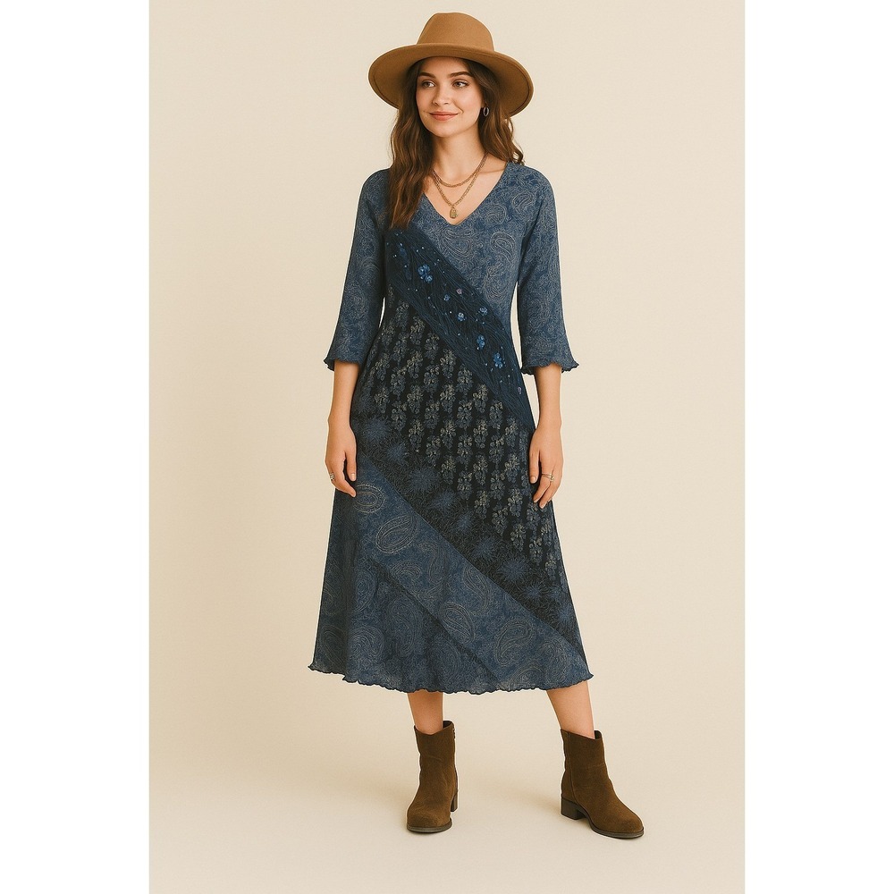 Eva Blue Midi Dress Women 8‎ Blue Paisley Floral Sequin Mixed Print V-Neck